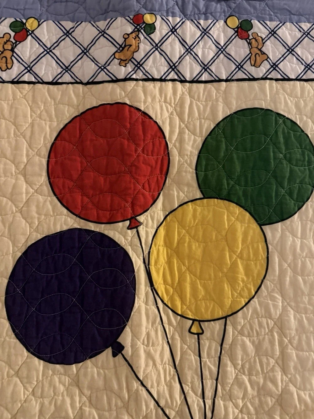 Vintage That’s Our Baby Quilt Baby Blanket Bear Balloons Crib 32x40 Vintage Blue